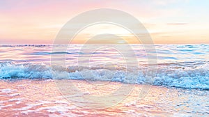 Gentle waves roll onto a sandy beach at sunset.